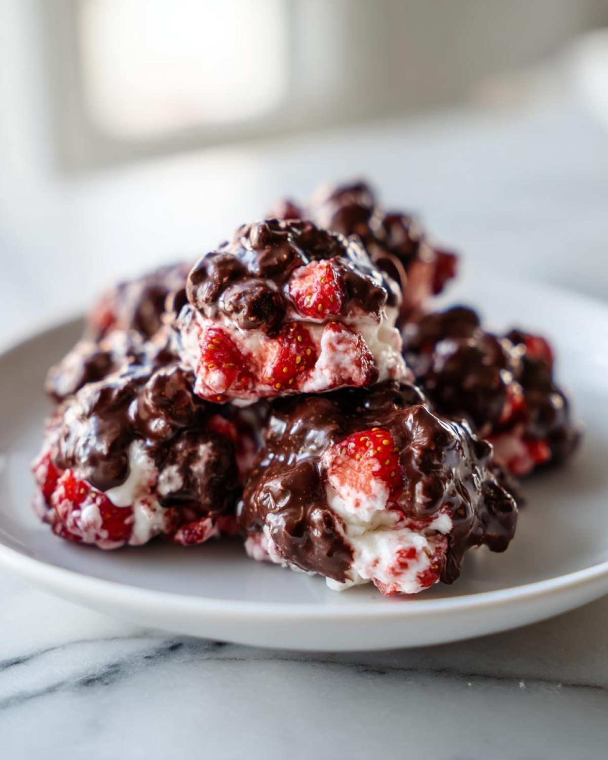 Close-up of several No-Bake Chocolate Strawberry Yogurt Clusters piled on a white plate.