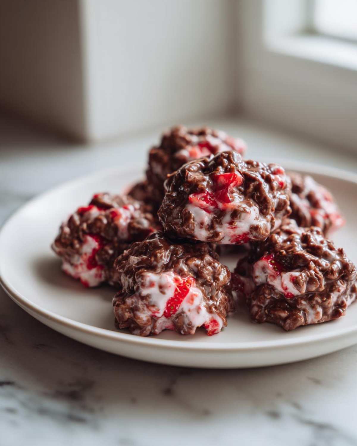A stack of rich No-Bake Chocolate Strawberry Yogurt Clusters featuring visible chunks of red strawberry mixed into the chocolate coating.