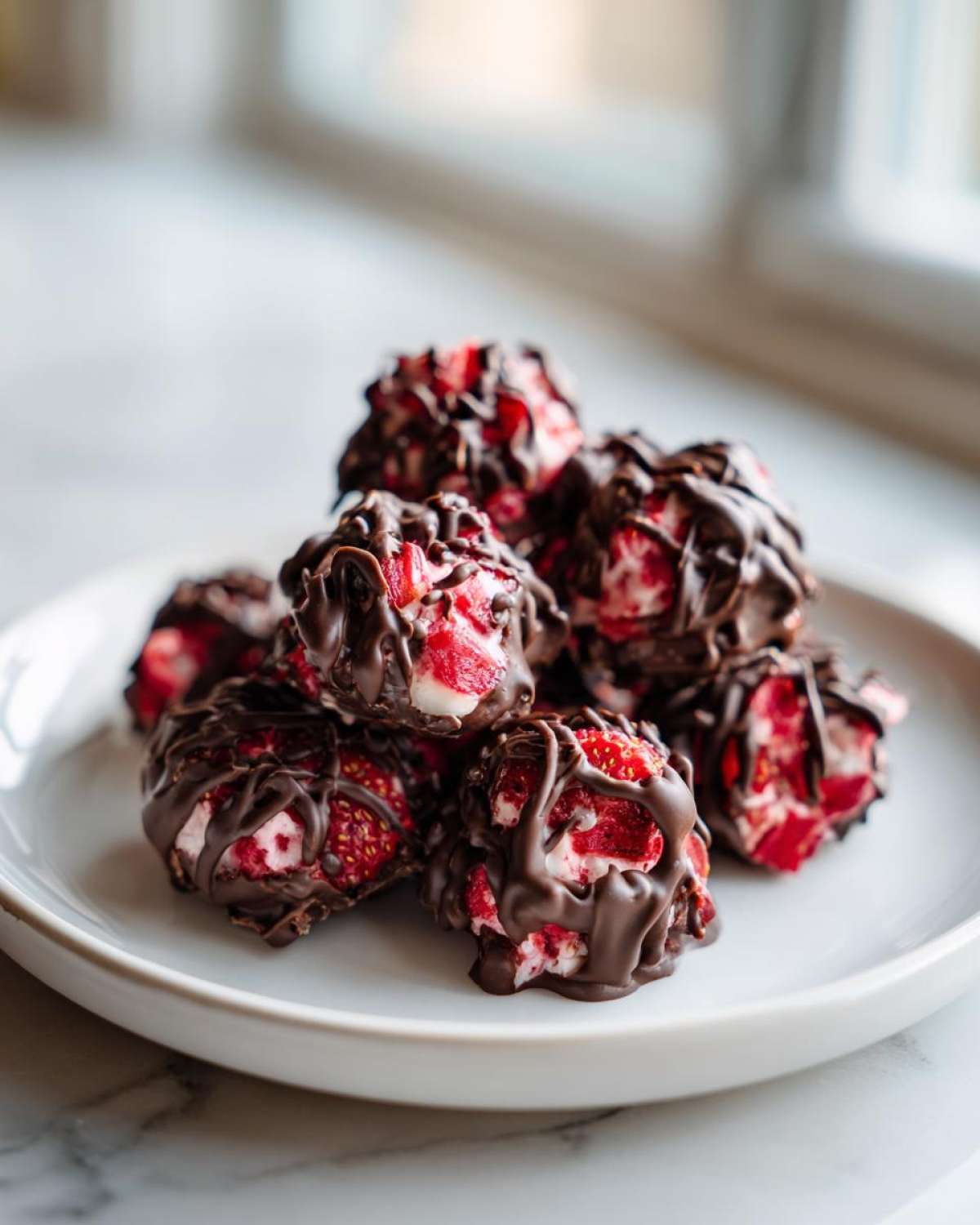 A stack of No-Bake Chocolate Strawberry Yogurt Clusters drizzled heavily with dark chocolate on a white plate.
