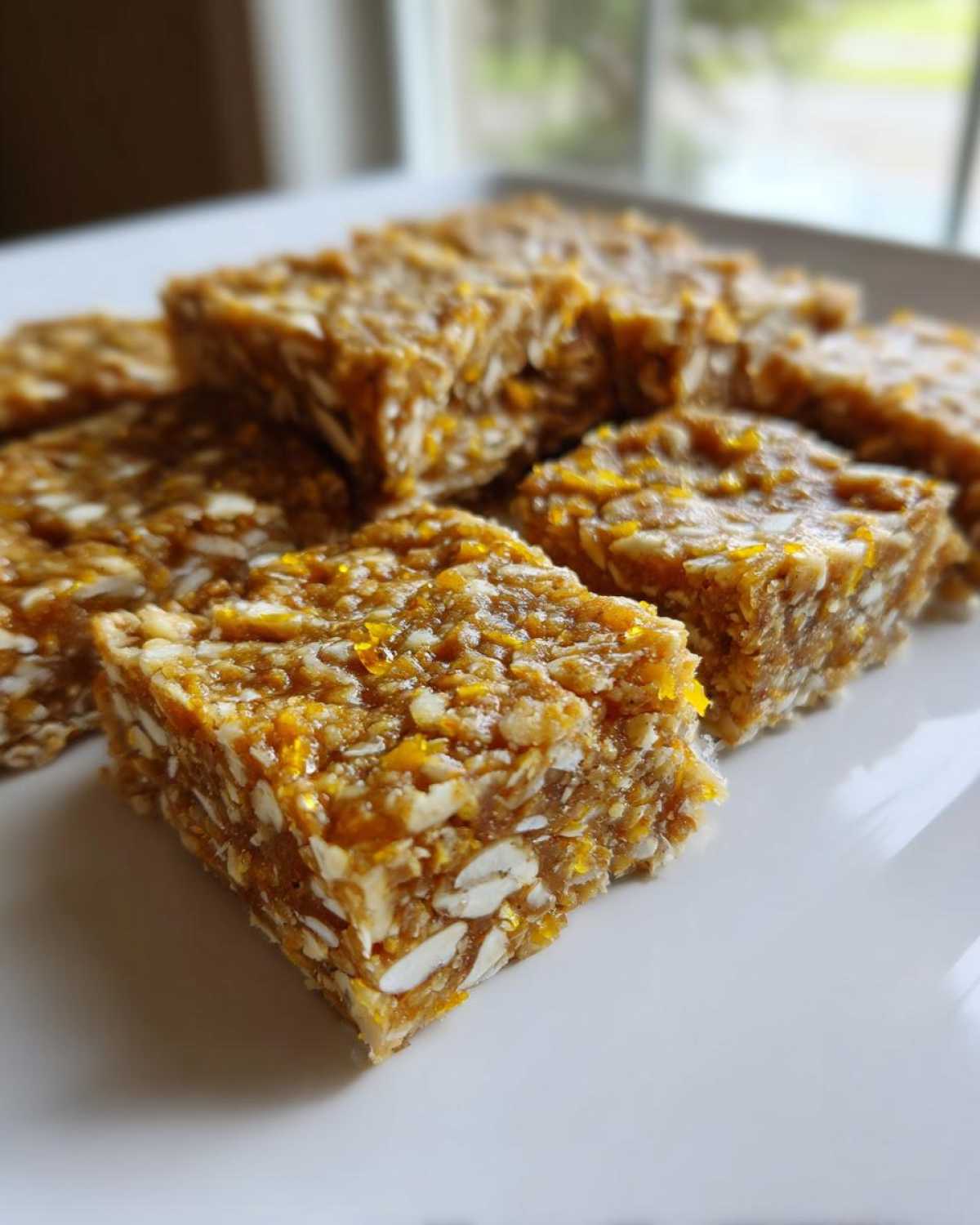 Close-up of several square No-Bake Lemon Almond Date Bars, showing texture of oats and almonds, served on a white plate.