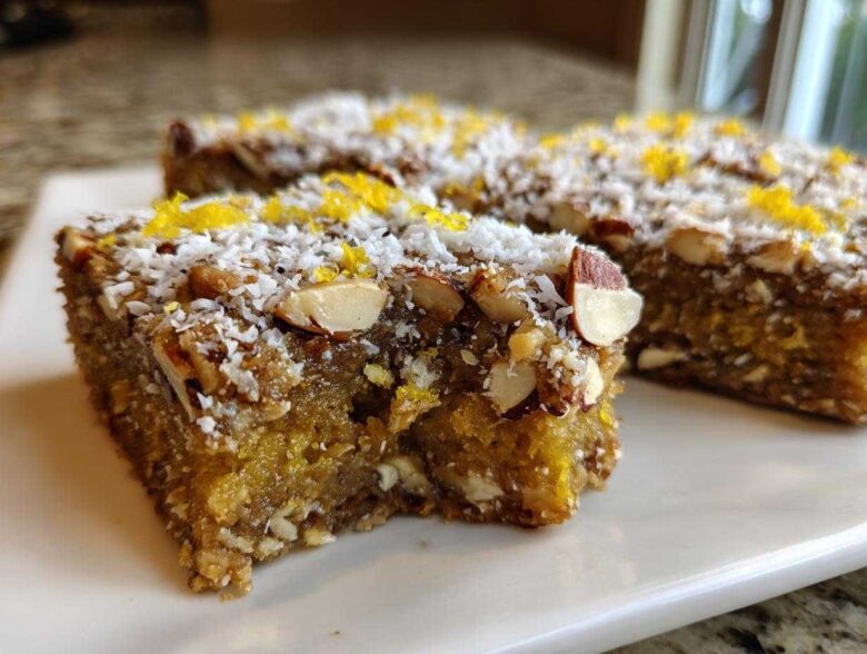Close-up of three No-Bake Lemon Almond Date Bars topped with shredded coconut, sliced almonds, and bright yellow lemon zest.