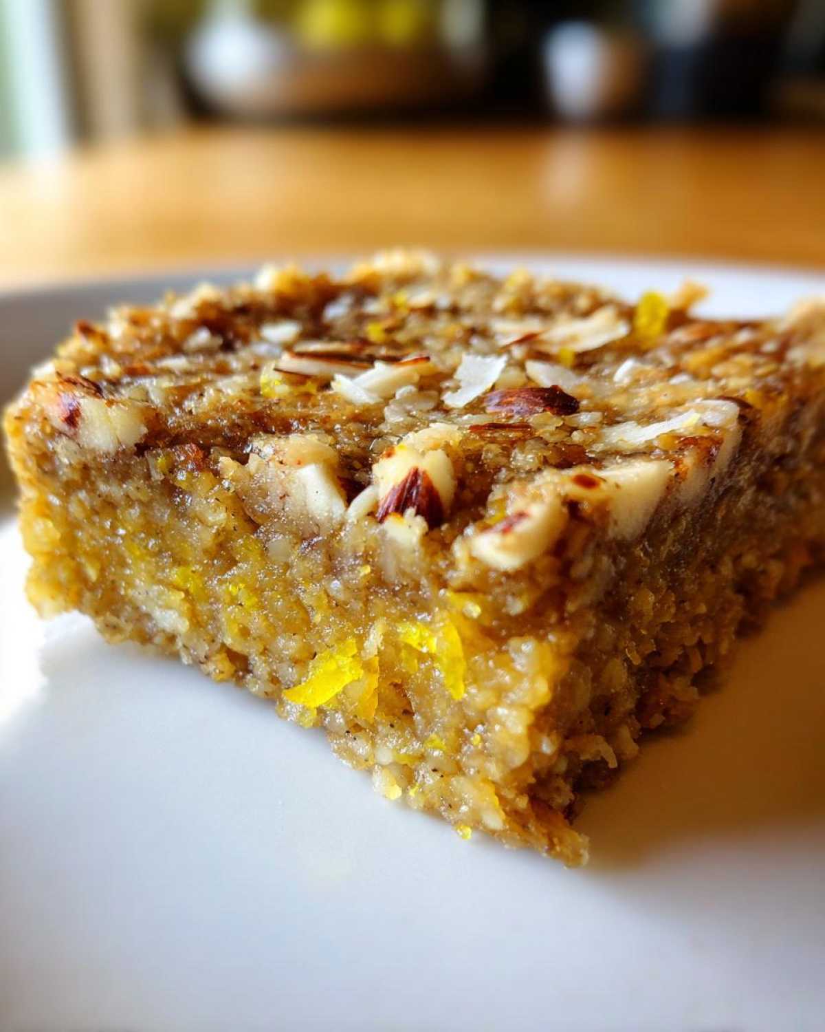 Close-up of a single serving of No-Bake Lemon Almond Date Bars topped with chopped almonds and lemon zest.