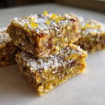 Stack of square No-Bake Lemon Almond Date Bars topped with shredded coconut and lemon zest.