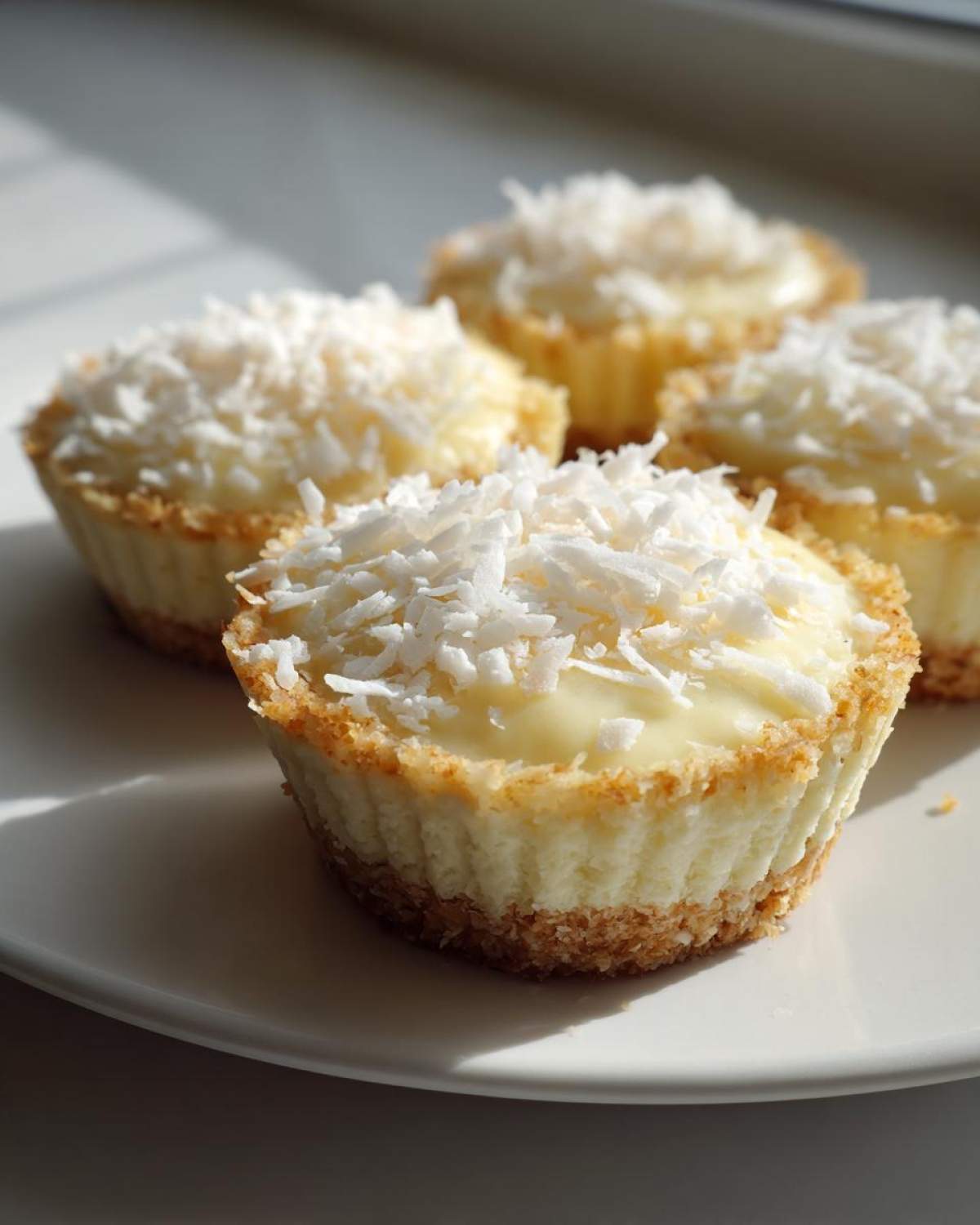Four individual No-Bake Lemon Coconut Cheesecake Cups topped with shredded coconut, sitting on a white plate.