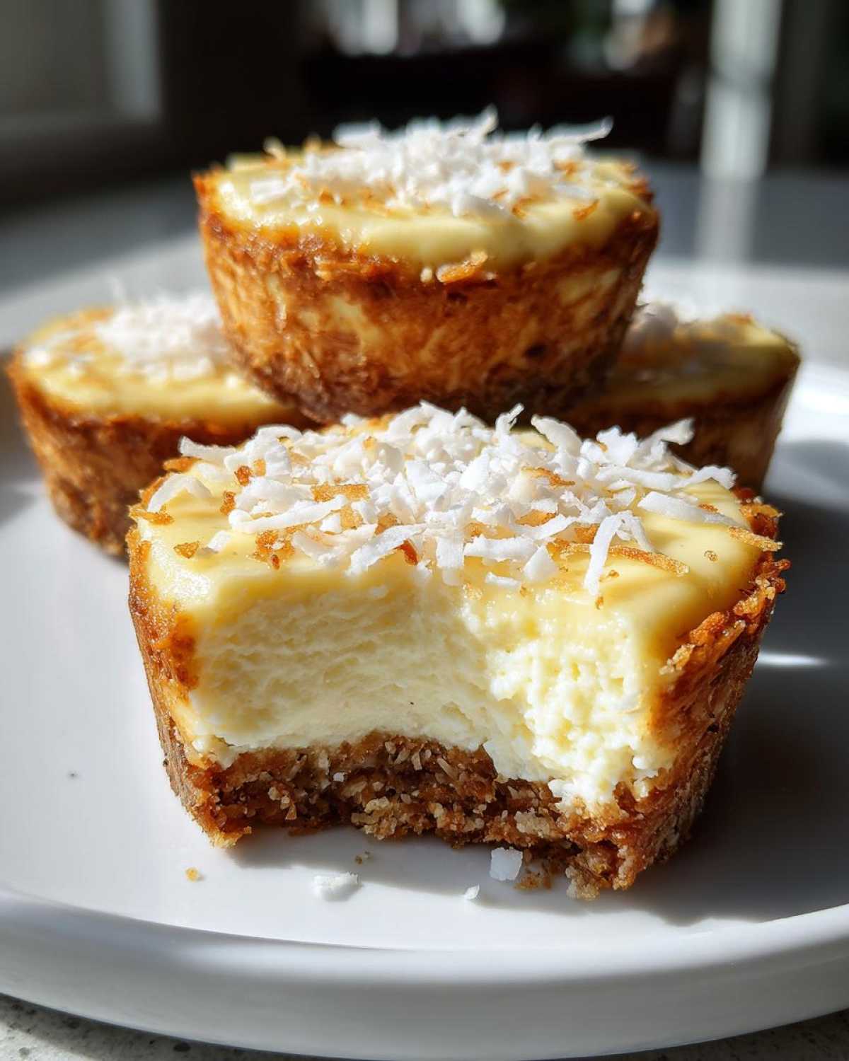 A close-up of a No-Bake Lemon Coconut Cheesecake Cup with a bite taken out, showing the creamy filling and coconut topping.