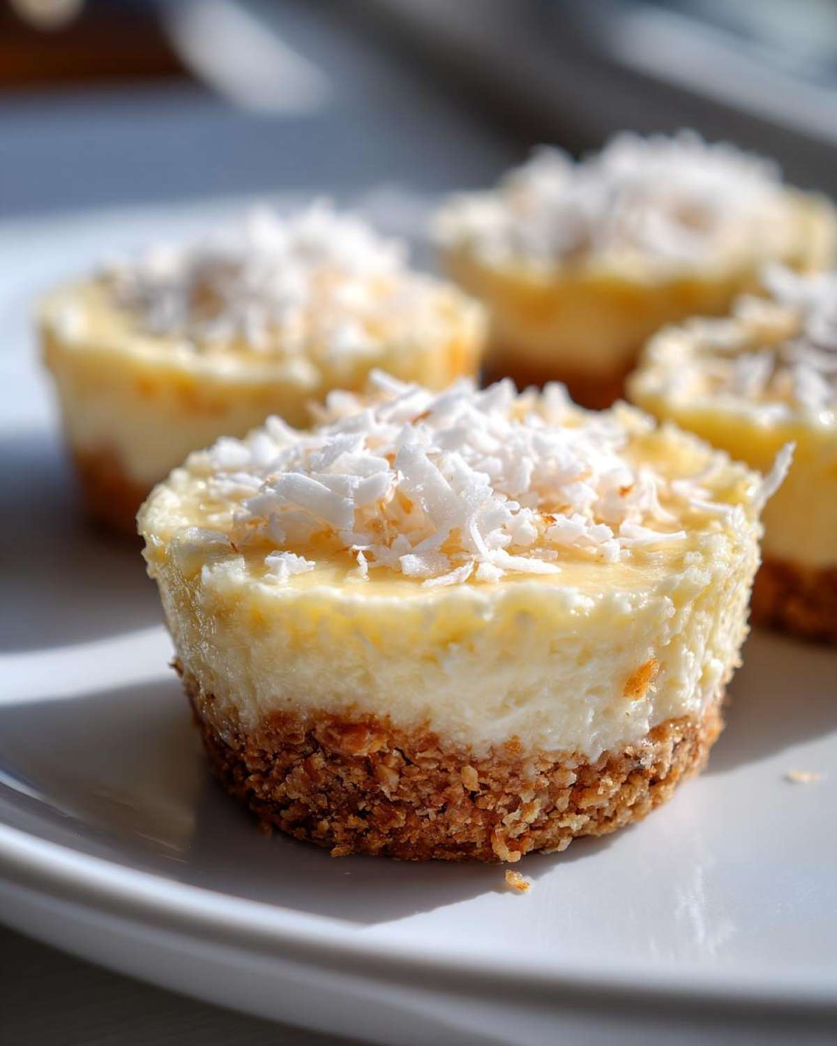 A close-up of one of the No-Bake Lemon Coconut Cheesecake Cups showing the graham cracker crust and shredded coconut topping.