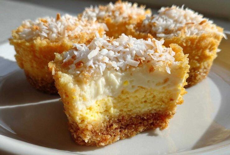 Close-up of a No-Bake Lemon Coconut Cheesecake Cup cut in half, showing graham cracker crust and creamy filling topped with toasted coconut.