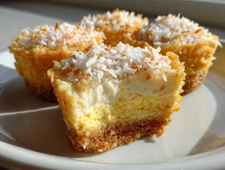 Close-up of a No-Bake Lemon Coconut Cheesecake Cup cut in half, showing graham cracker crust and creamy filling topped with toasted coconut.