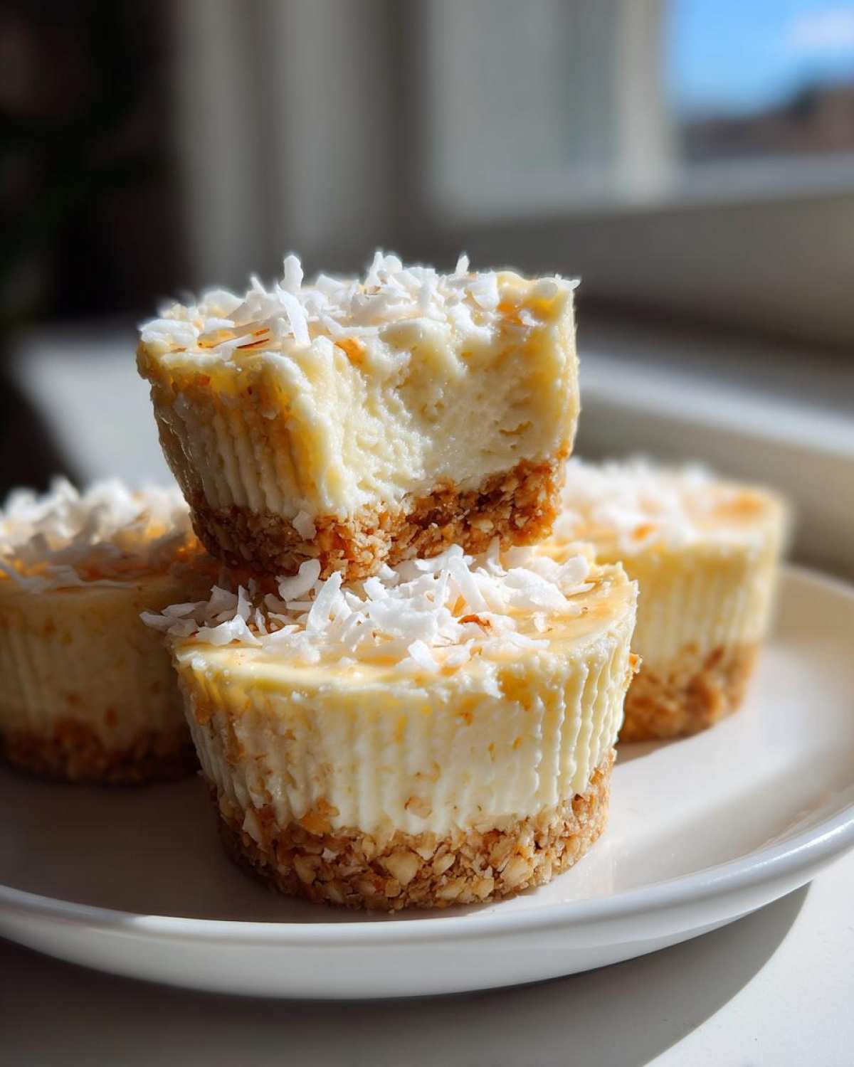 Close-up of stacked No-Bake Lemon Coconut Cheesecake Cups topped with shredded coconut on a white plate.