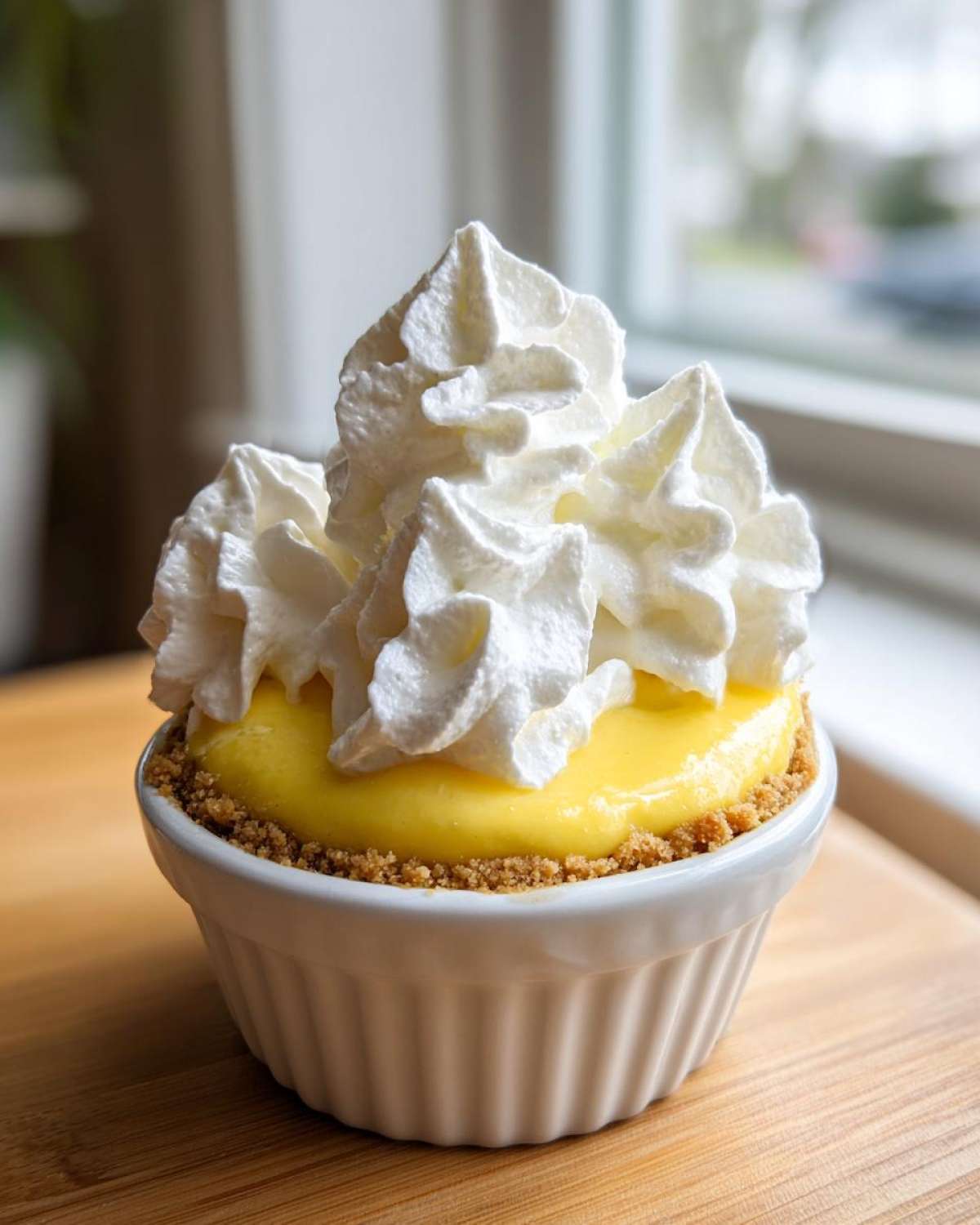 A single serving No-Bake Lemon Cream Pie Cup in a white ramekin, topped generously with swirls of whipped cream.