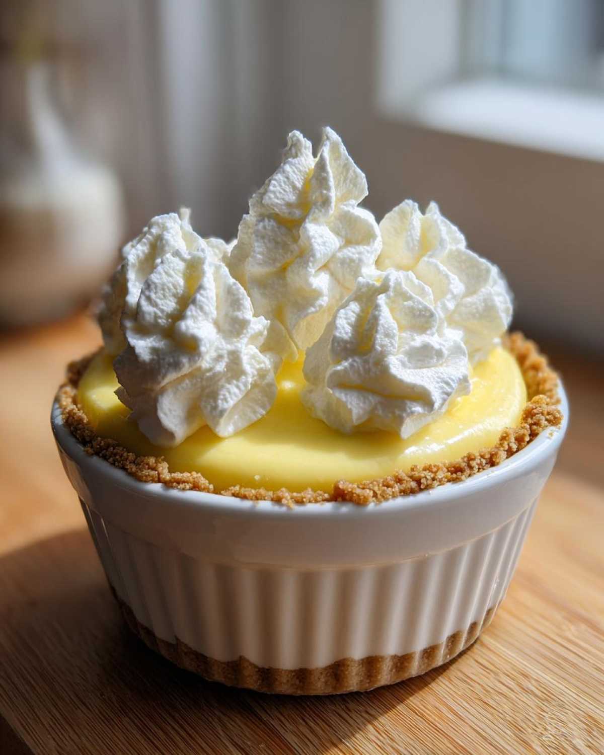 A single serving of No-Bake Lemon Cream Pie Cups in a white ramekin, topped with swirls of whipped cream.