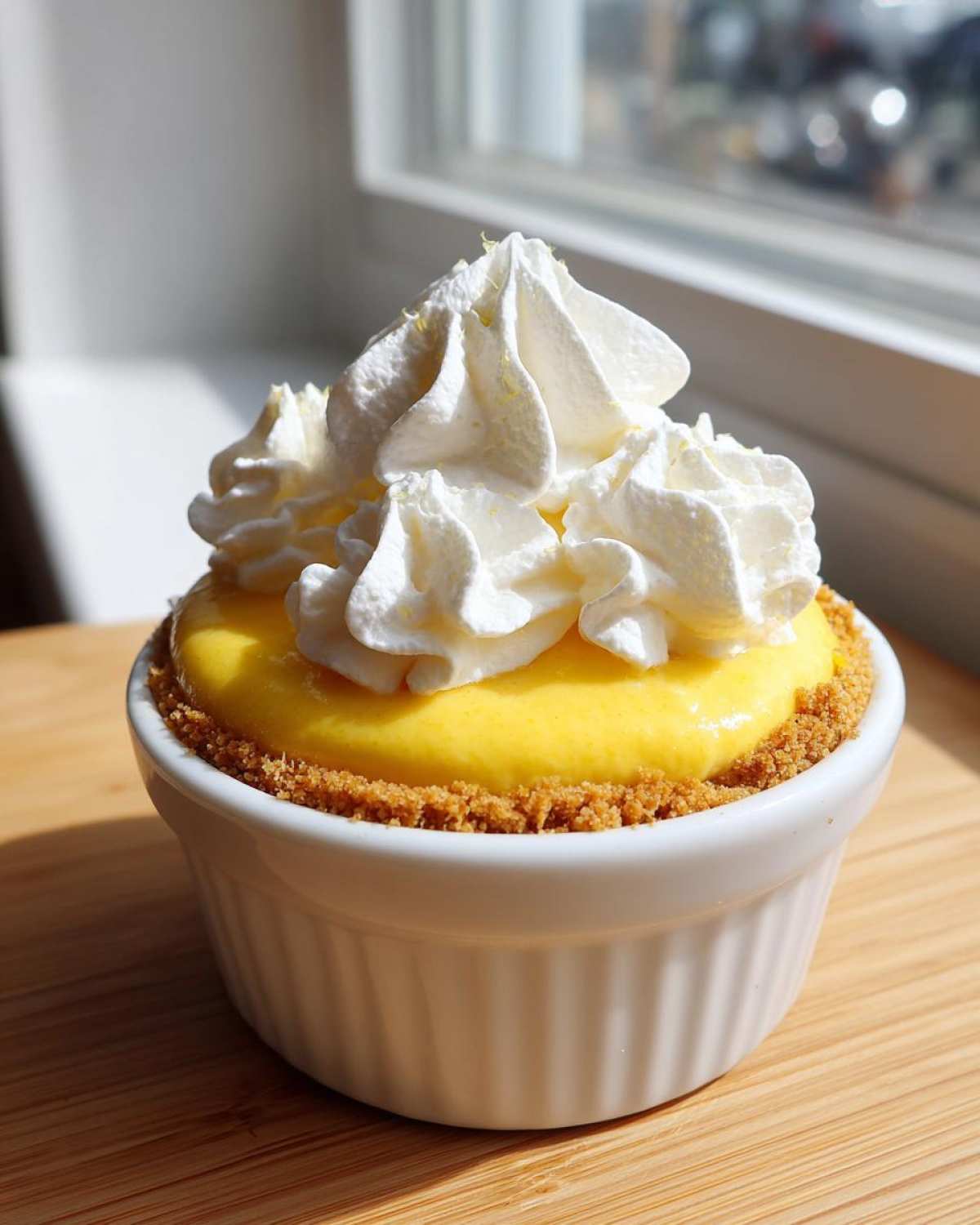 A bright yellow No-Bake Lemon Cream Pie Cup topped with whipped cream and lemon zest.