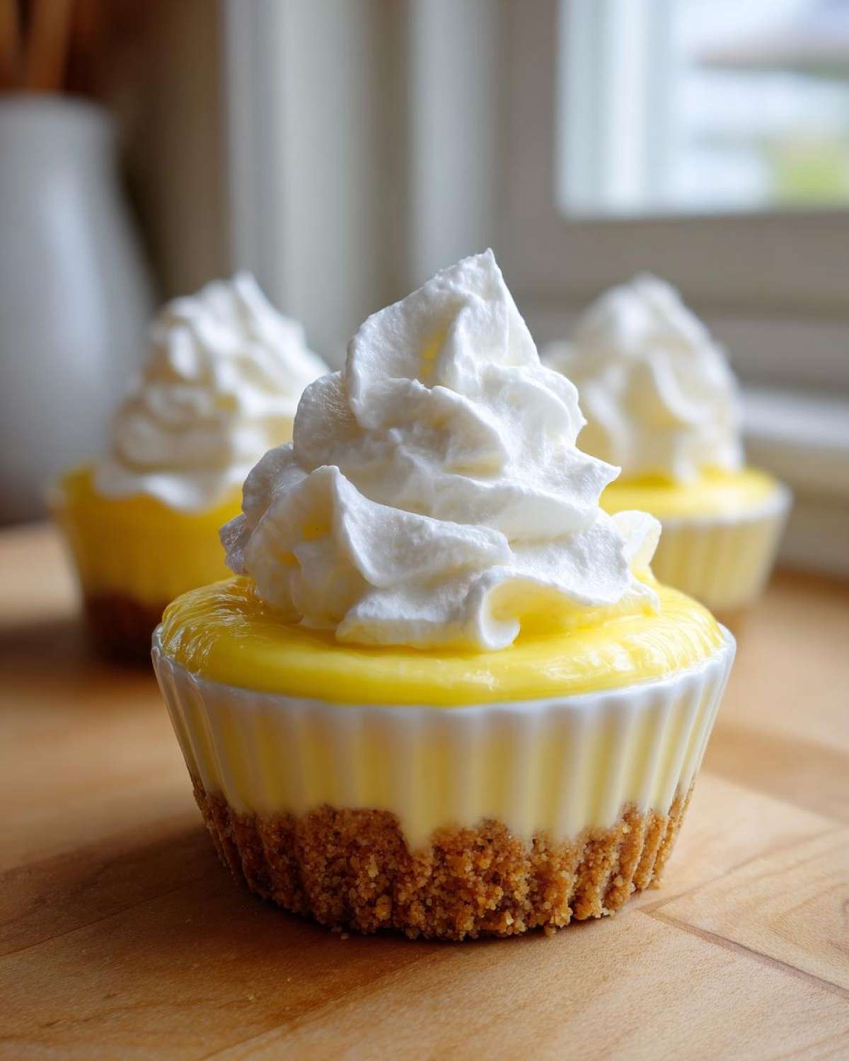 A close-up of one of the No-Bake Lemon Cream Pie Cups topped with a swirl of fresh whipped cream.
