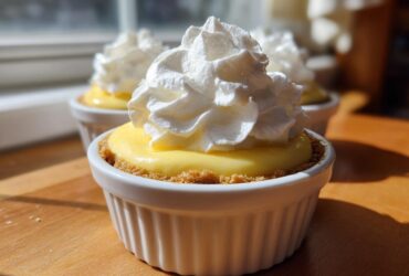 A close-up of a No-Bake Lemon Cream Pie Cup topped with a swirl of whipped cream, sitting on a wooden surface.