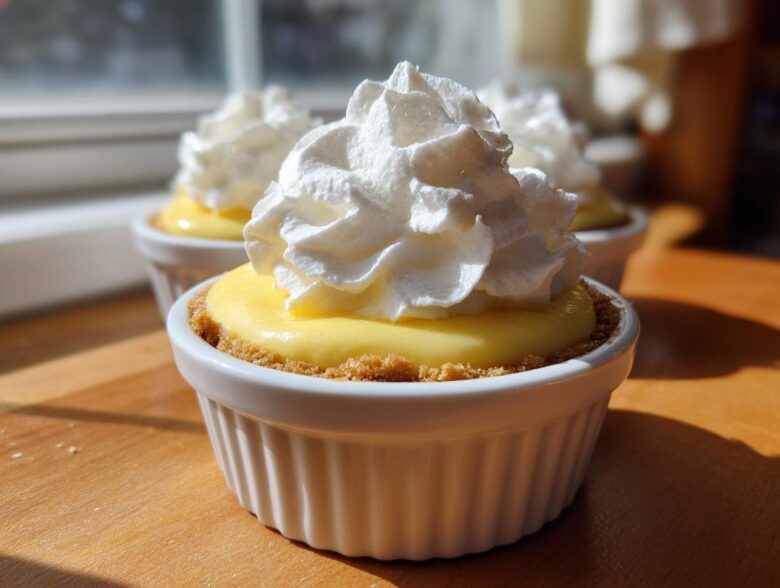 A close-up of a No-Bake Lemon Cream Pie Cup topped with a swirl of whipped cream, sitting on a wooden surface.