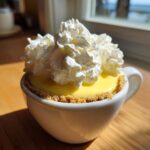 A single serving of No-Bake Lemon Cream Pie Cups in a white mug, topped generously with whipped cream.
