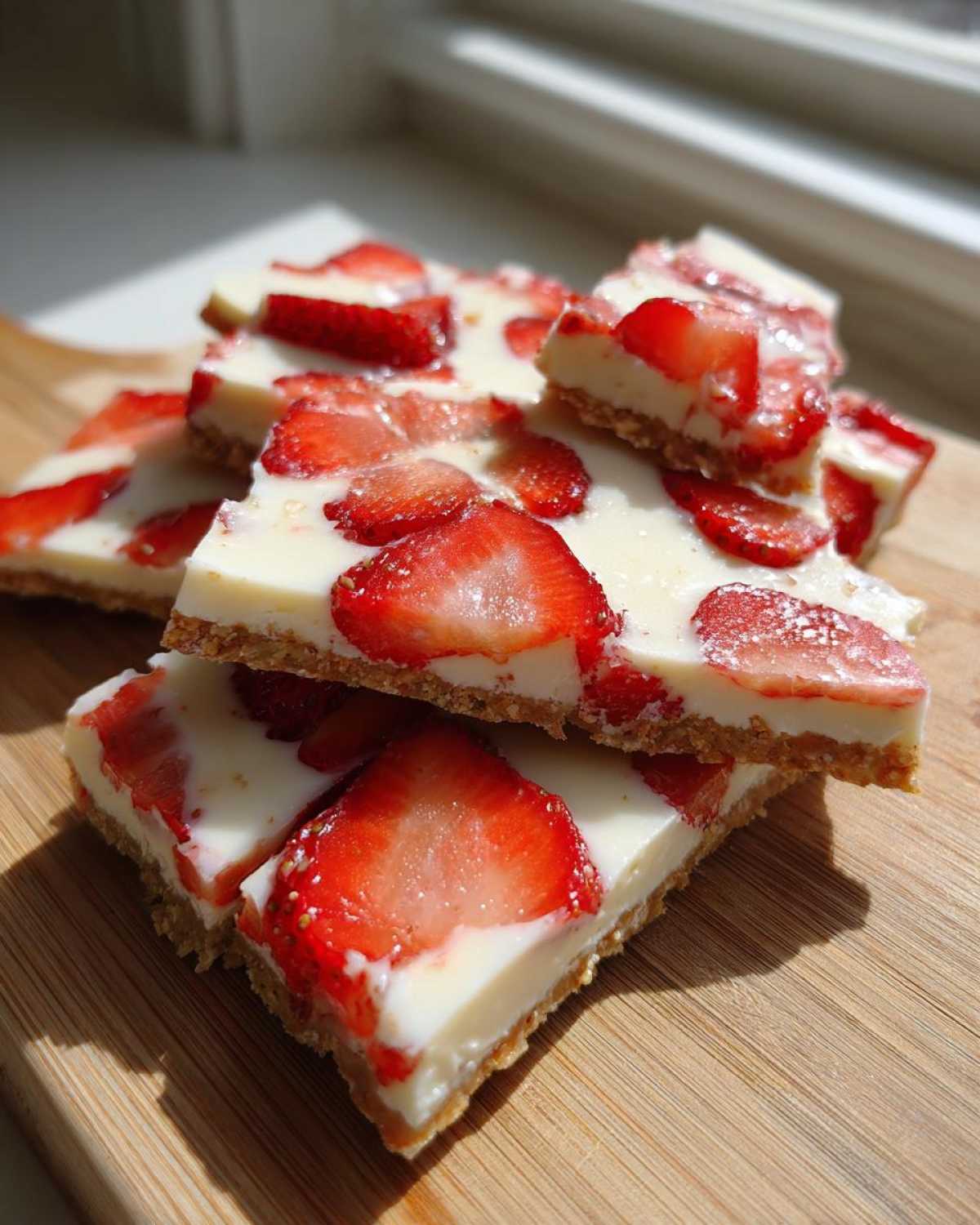 Slices of No-Bake Lemon Strawberry Cheesecake Bark stacked on a wooden board.