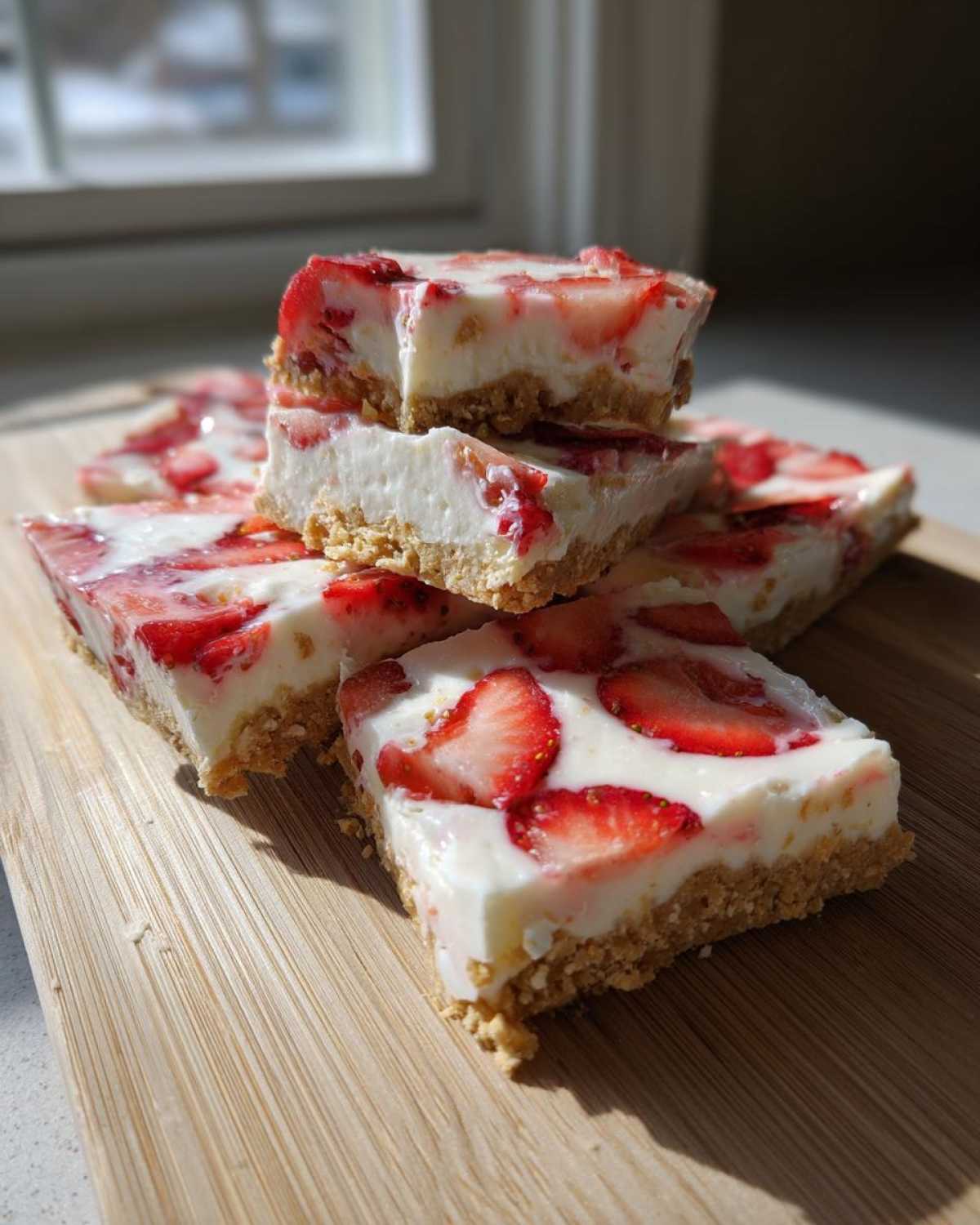 Stack of No-Bake Lemon Strawberry Cheesecake Bark squares with a thick graham cracker crust and strawberry topping.