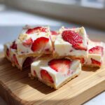 Close-up of stacked squares of No-Bake Lemon Strawberry Cheesecake Bark with visible strawberry pieces.