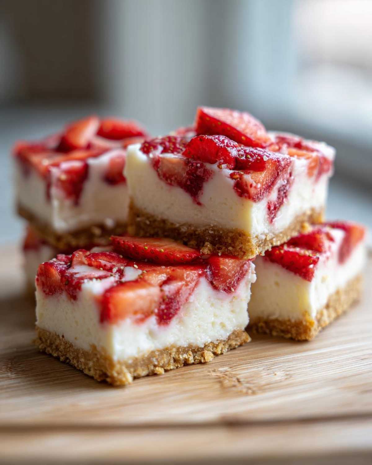 Close-up of stacked squares of No-Bake Lemon Strawberry Cheesecake Bark on a wooden board.