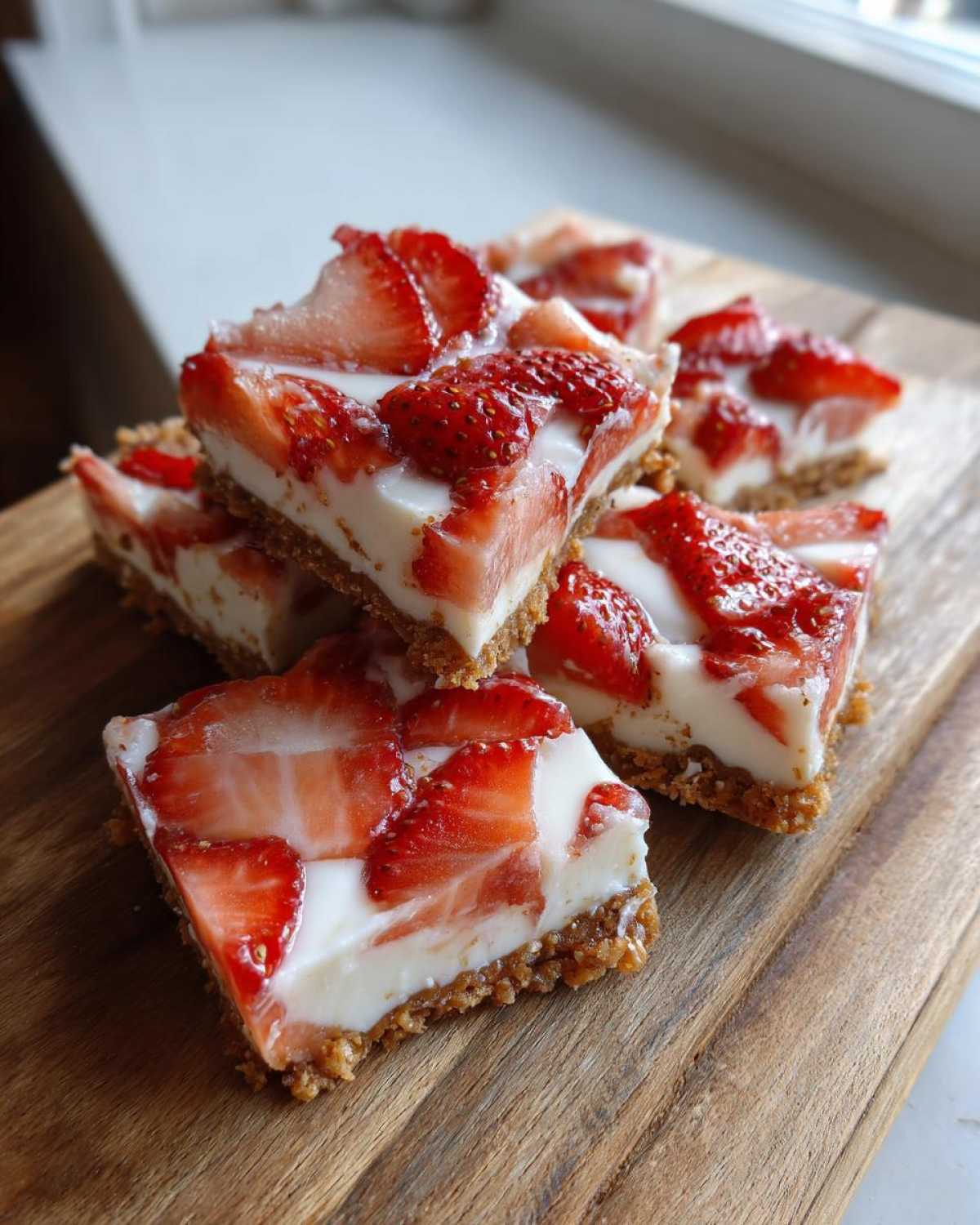 Close-up of several squares of No-Bake Lemon Strawberry Cheesecake Bark stacked on a wooden board.