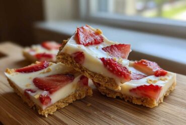 Close-up of stacked No-Bake Lemon Strawberry Cheesecake Bark squares on a wooden board.
