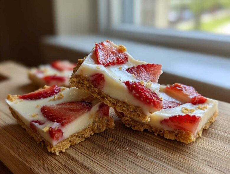 Close-up of stacked No-Bake Lemon Strawberry Cheesecake Bark squares on a wooden board.