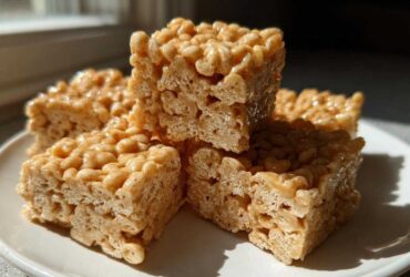 Four squares of gooey No-Bake Peanut Butter Rice Cereal Bars stacked slightly on a white plate.