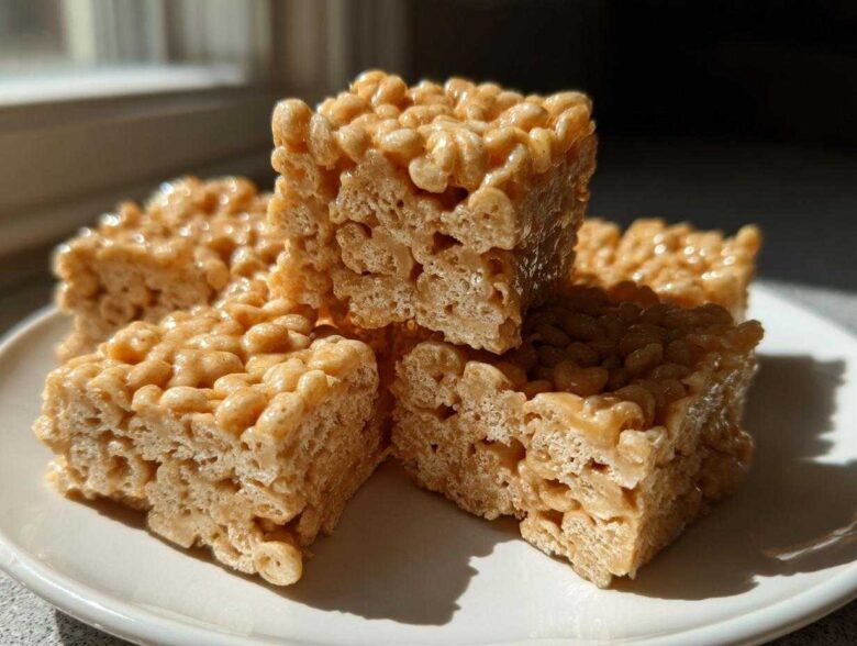 Four squares of gooey No-Bake Peanut Butter Rice Cereal Bars stacked slightly on a white plate.