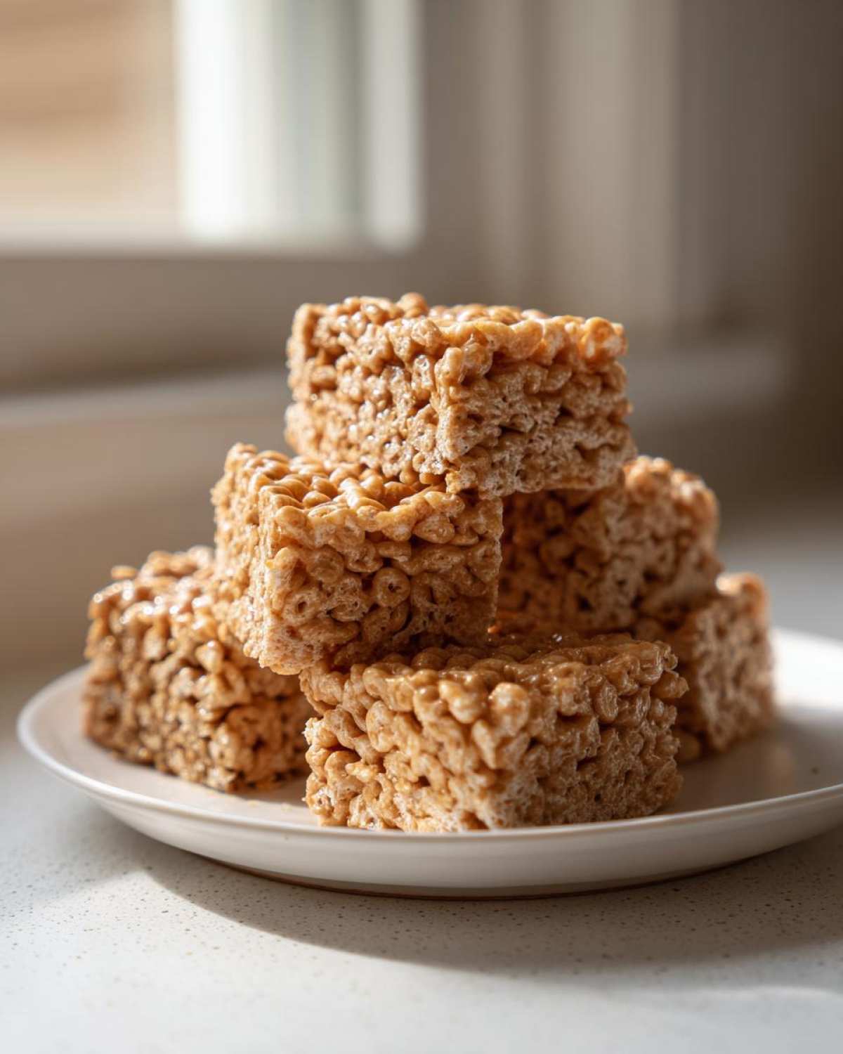 A stack of chewy No-Bake Peanut Butter Rice Cereal Bars piled on a small white plate.