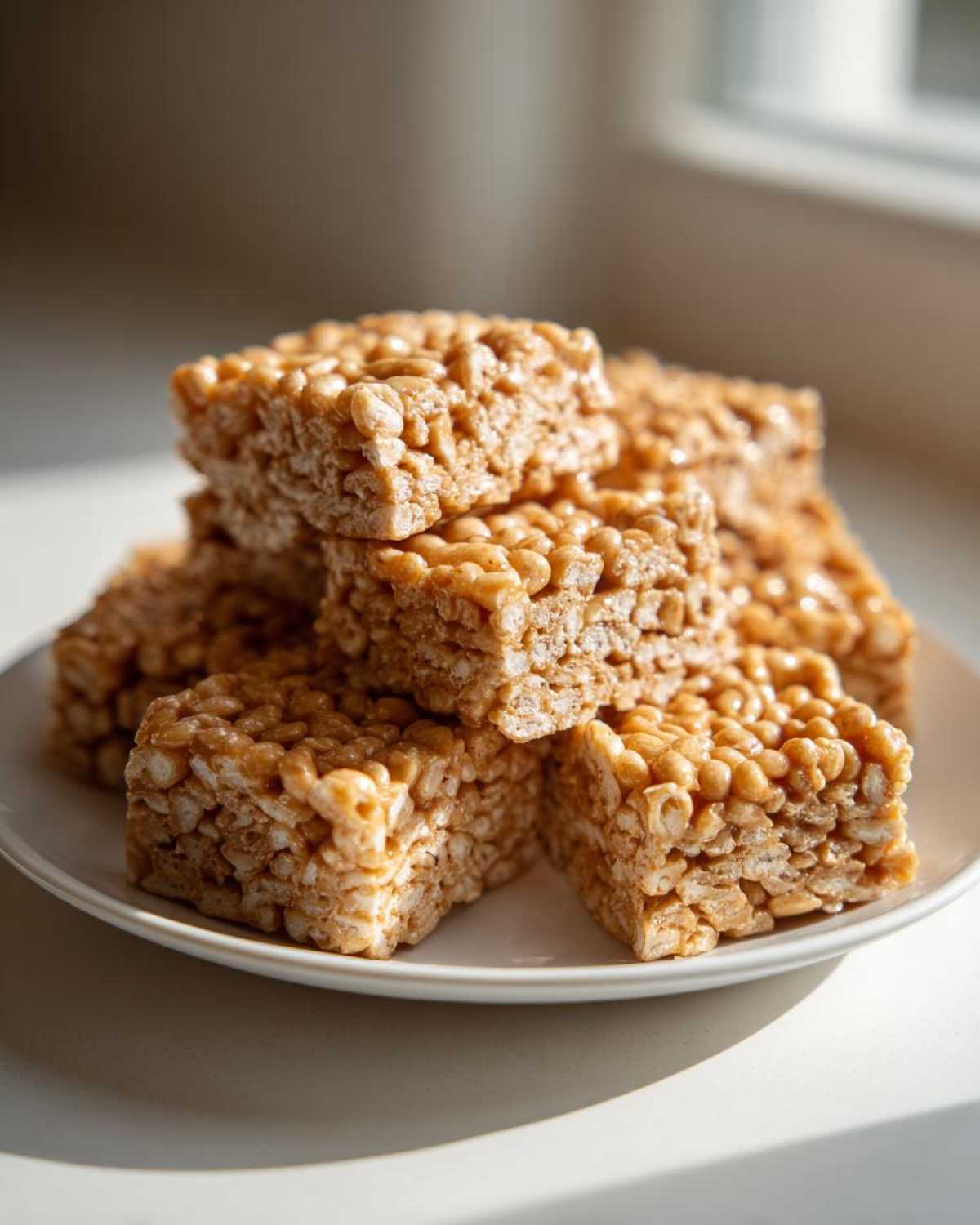 A stack of square No-Bake Peanut Butter Rice Cereal Bars glistening on a white plate near a window.