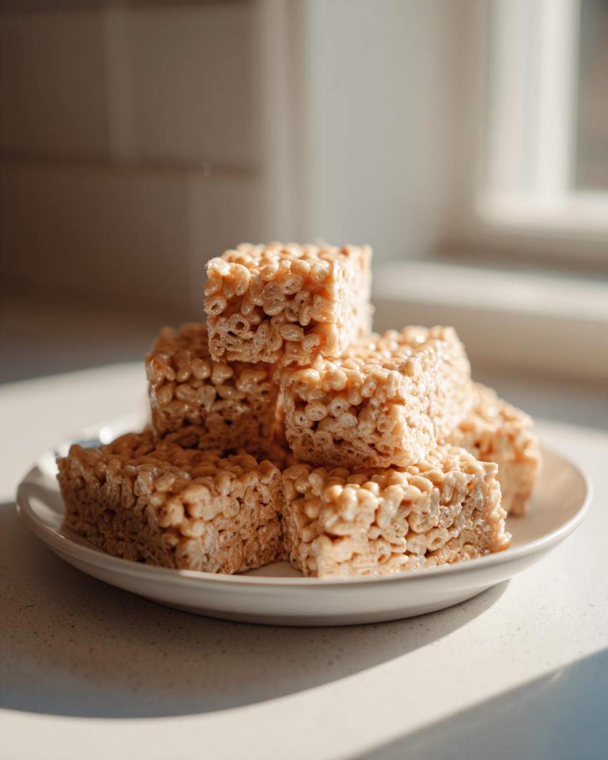 A stack of homemade No-Bake Peanut Butter Rice Cereal Bars on a white plate, catching warm sunlight.