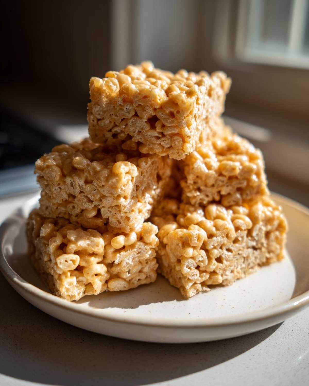 A stack of golden No-Bake Peanut Butter Rice Cereal Bars sitting on a light-colored plate.