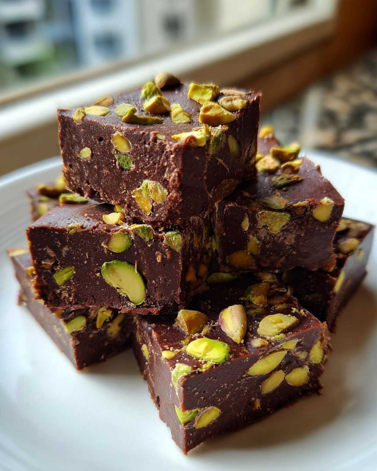 A stack of rich, dark No-Bake Pistachio Chocolate Fudge Squares topped with chopped green pistachios.