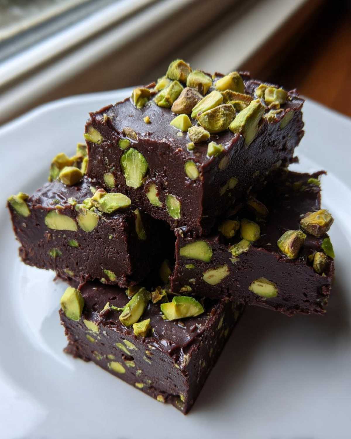 A stack of rich, dark chocolate No-Bake Pistachio Chocolate Fudge Squares topped with chopped green pistachios.