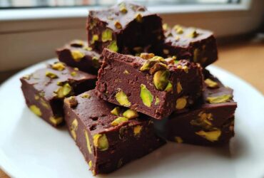 A stack of rich, dark chocolate No-Bake Pistachio Chocolate Fudge Squares topped with bright green pistachio pieces.