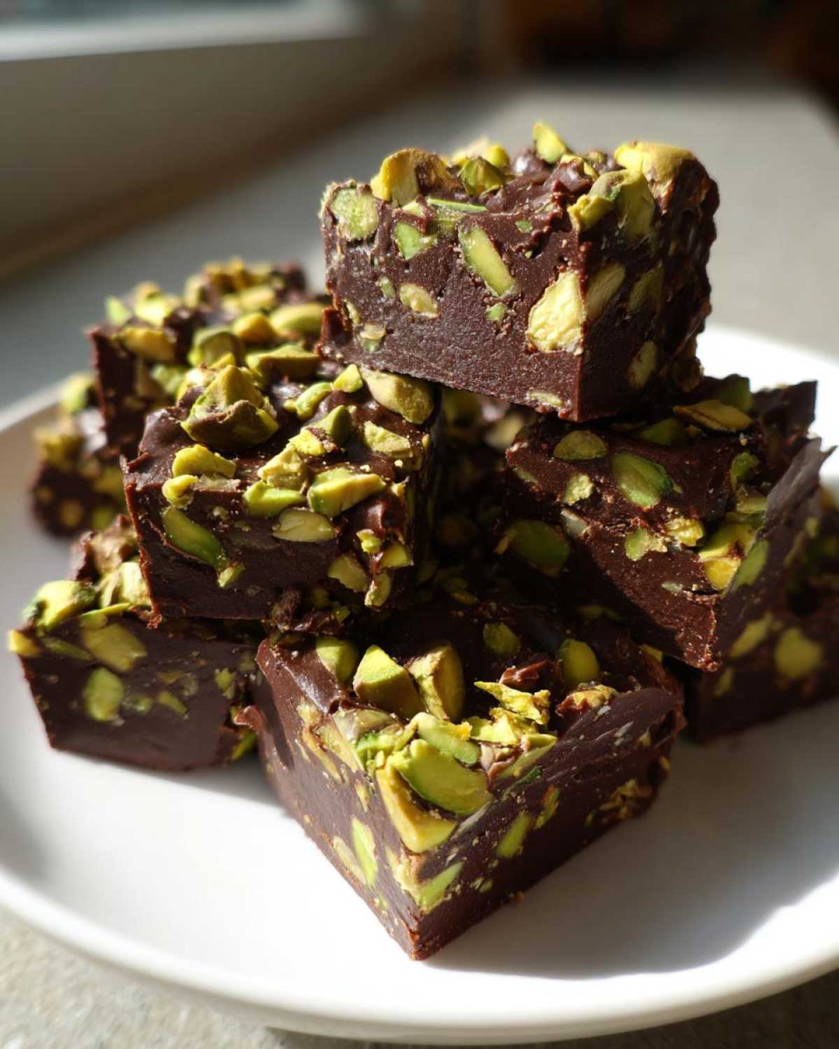 A stack of rich, dark No-Bake Pistachio Chocolate Fudge Squares topped with chopped green pistachios.
