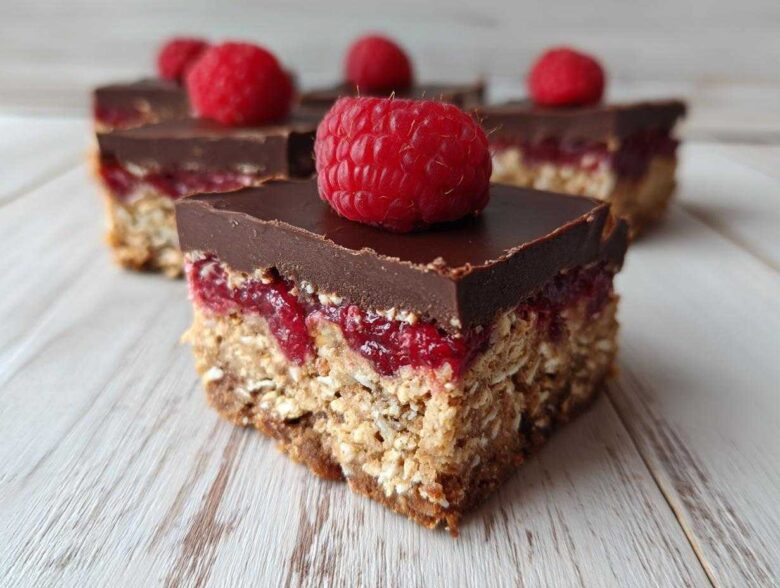 Close-up of a No-Bake Raspberry Chocolate Oat Slice showing oat base, raspberry jam, and chocolate topping with a fresh raspberry.