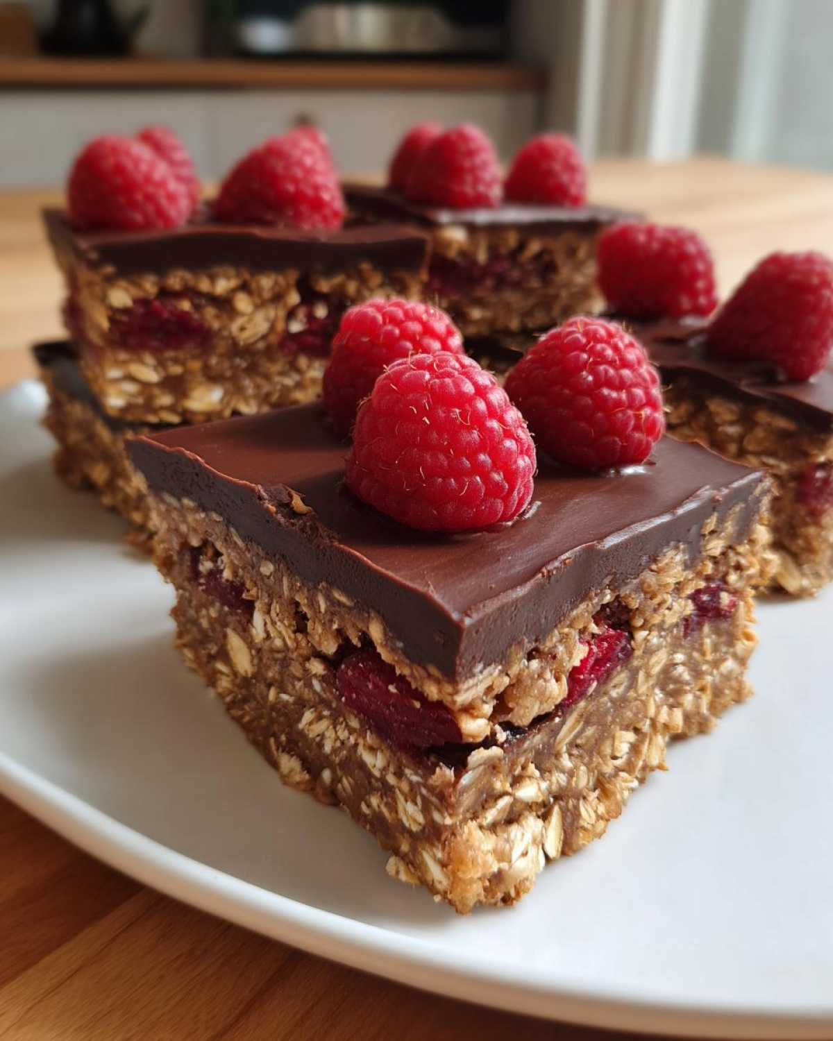 A close-up of a square No-Bake Raspberry Chocolate Oat Slice topped with fresh raspberries on a white plate.
