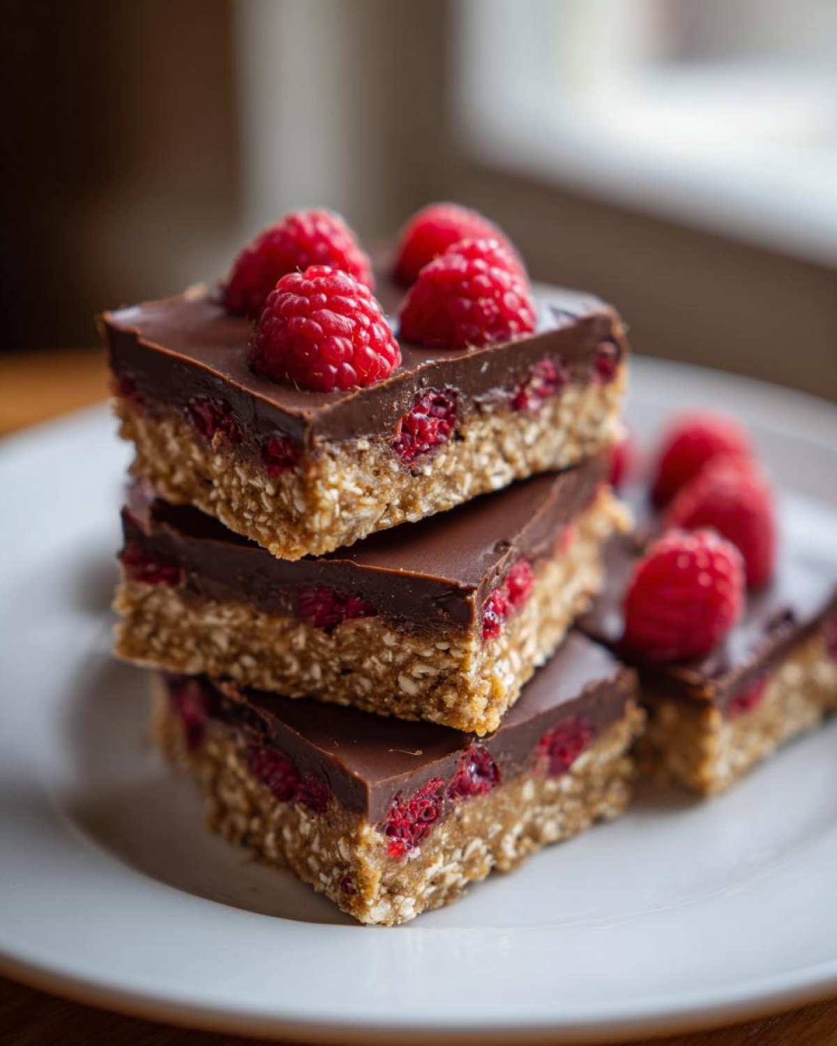 Three stacked squares of No-Bake Raspberry Chocolate Oat Slice topped with fresh raspberries on a white plate.