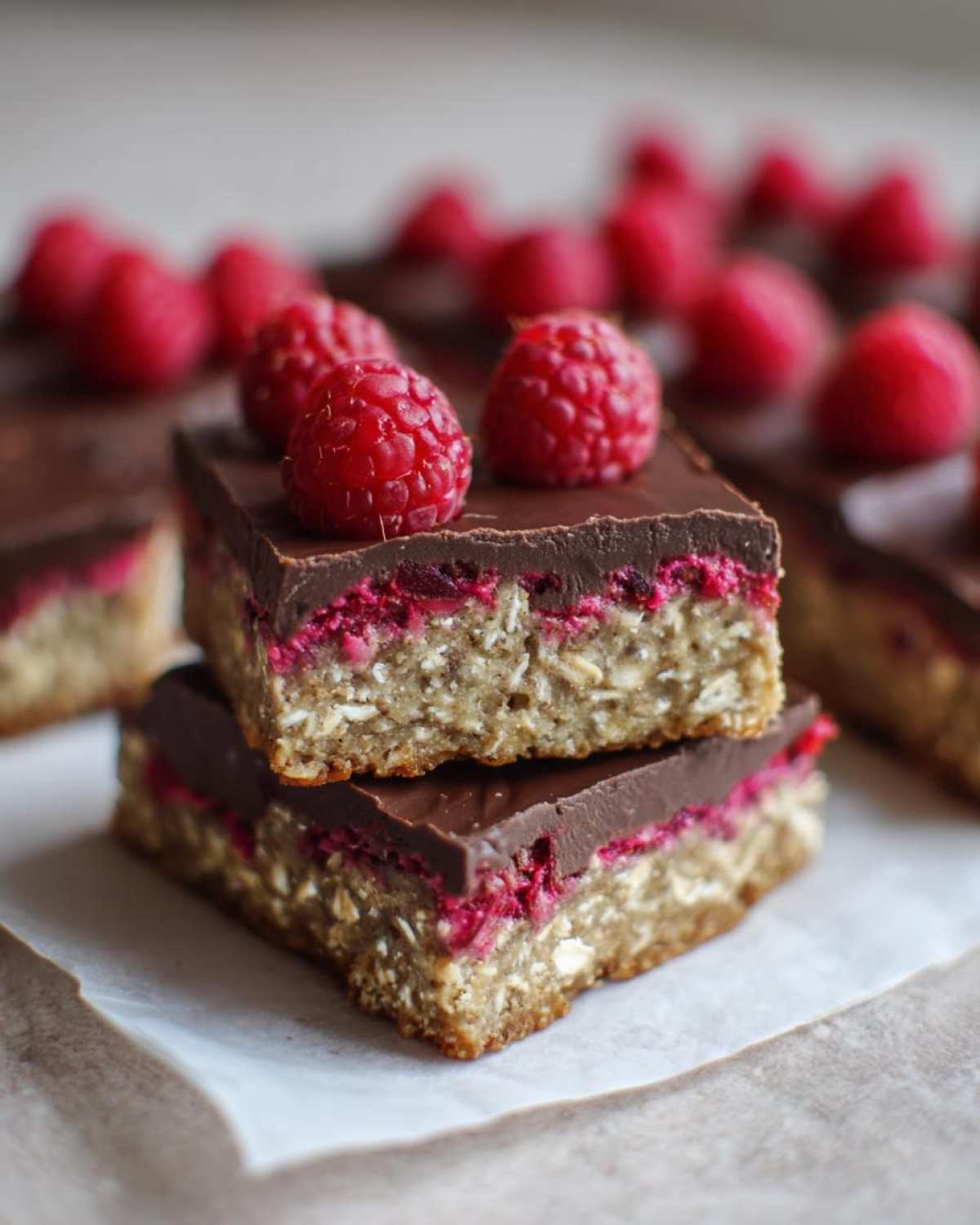 Two squares of No-Bake Raspberry Chocolate Oat Slice stacked, topped with fresh raspberries.