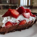 A generous slice of No-Bake Strawberry Chocolate Pudding Pie with chocolate crust, pudding, whipped cream, and fresh strawberries.