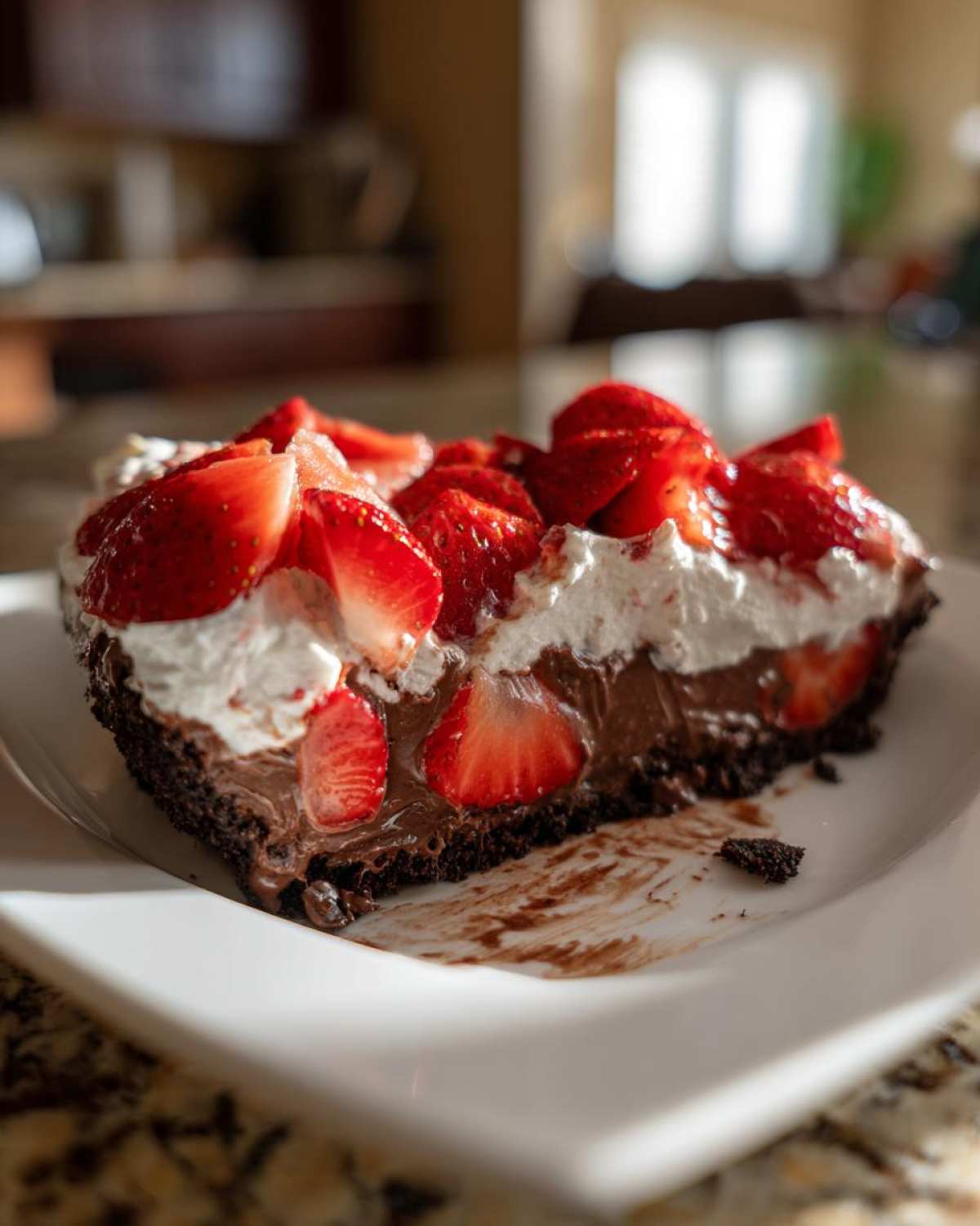 A close-up slice of No-Bake Strawberry Chocolate Pudding Pie with chocolate crust, pudding, whipped cream, and fresh strawberries.