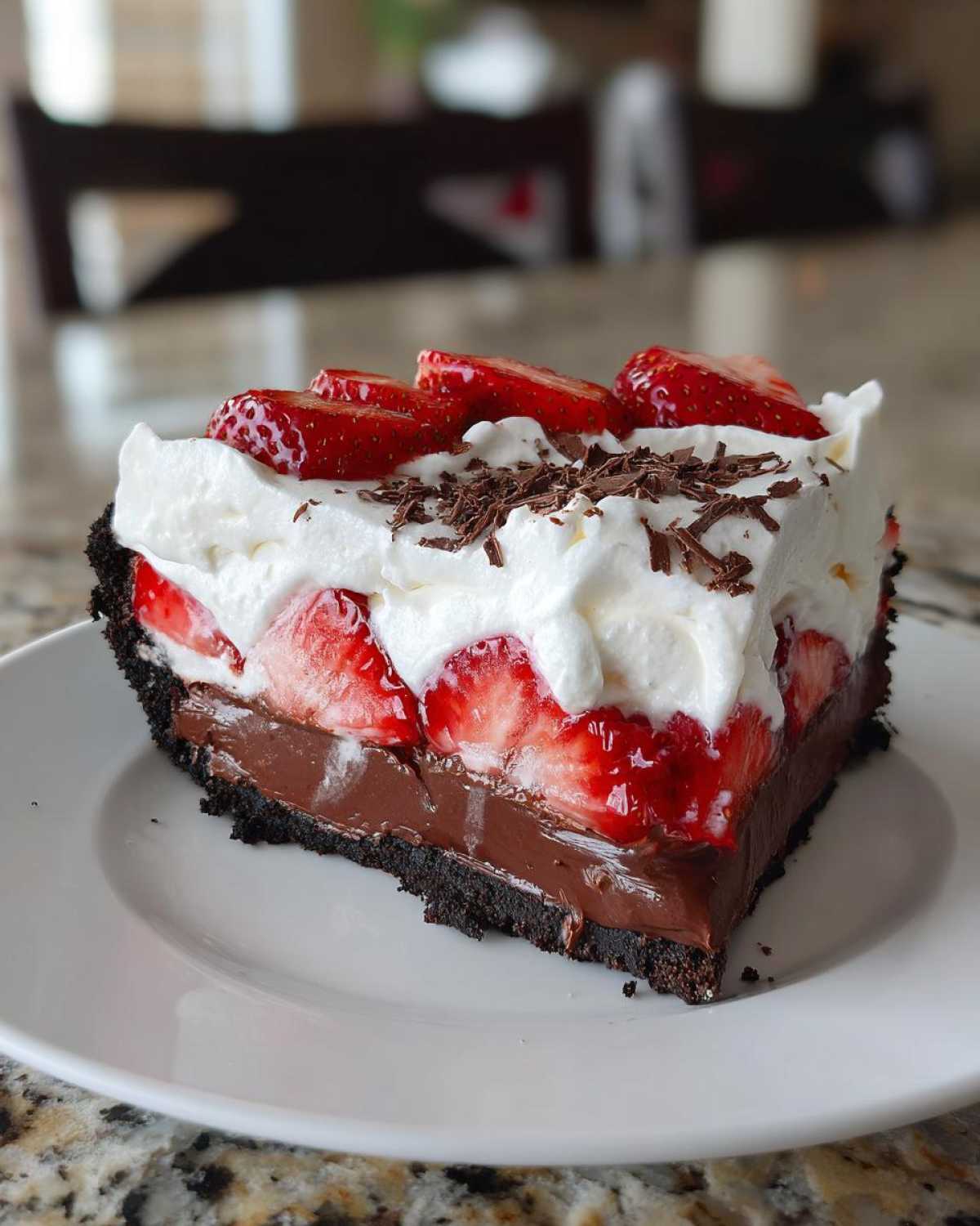 A decadent slice of No-Bake Strawberry Chocolate Pudding Pie with chocolate crust, pudding, strawberries, and whipped cream.