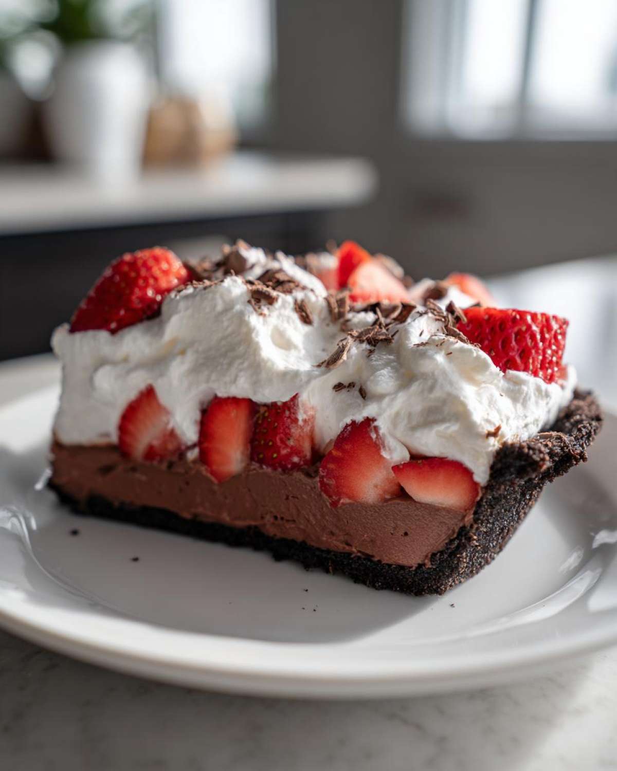 A close-up slice of No-Bake Strawberry Chocolate Pudding Pie with chocolate crust, rich filling, whipped cream, and fresh strawberries.