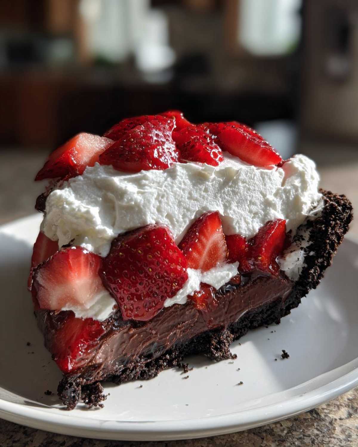 A decadent slice of No-Bake Strawberry Chocolate Pudding Pie with chocolate crust, dark filling, whipped cream, and fresh strawberries.