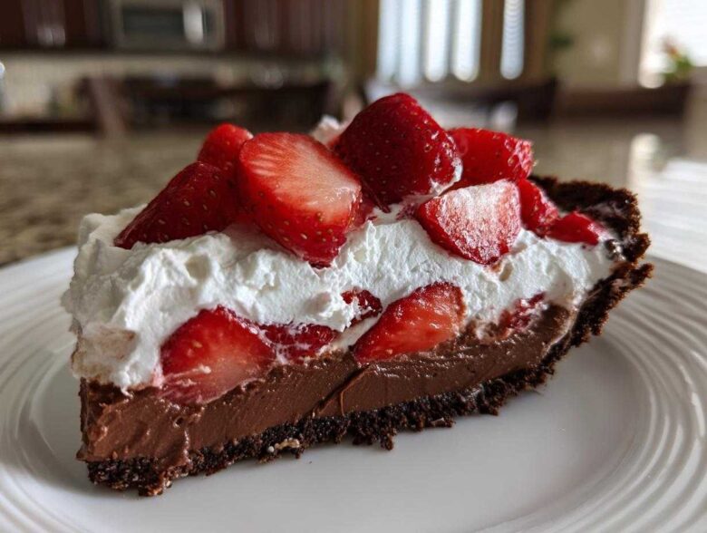 A generous slice of No-Bake Strawberry Chocolate Pudding Pie with chocolate crust, pudding, whipped cream, and fresh strawberries.