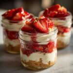 Three layered No-Bake Strawberry Cream Pie Jars featuring graham cracker crust, cream filling, and fresh strawberries on top.