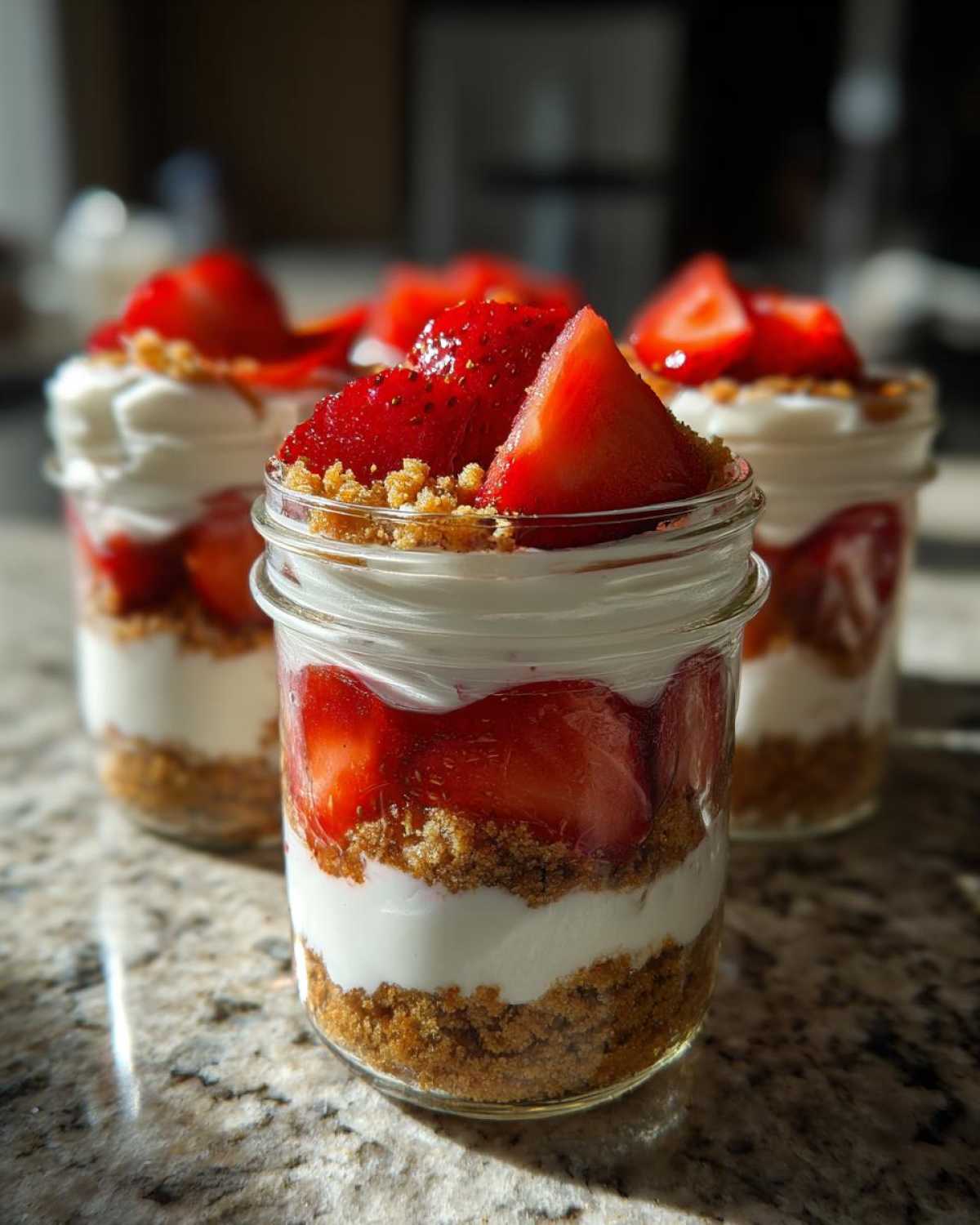 Close-up of layered No-Bake Strawberry Cream Pie Jars featuring graham cracker crust, cream filling, and fresh strawberries.