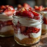 Close-up of a layered No-Bake Strawberry Cream Pie Jars featuring graham cracker crust, cream filling, and fresh strawberries.